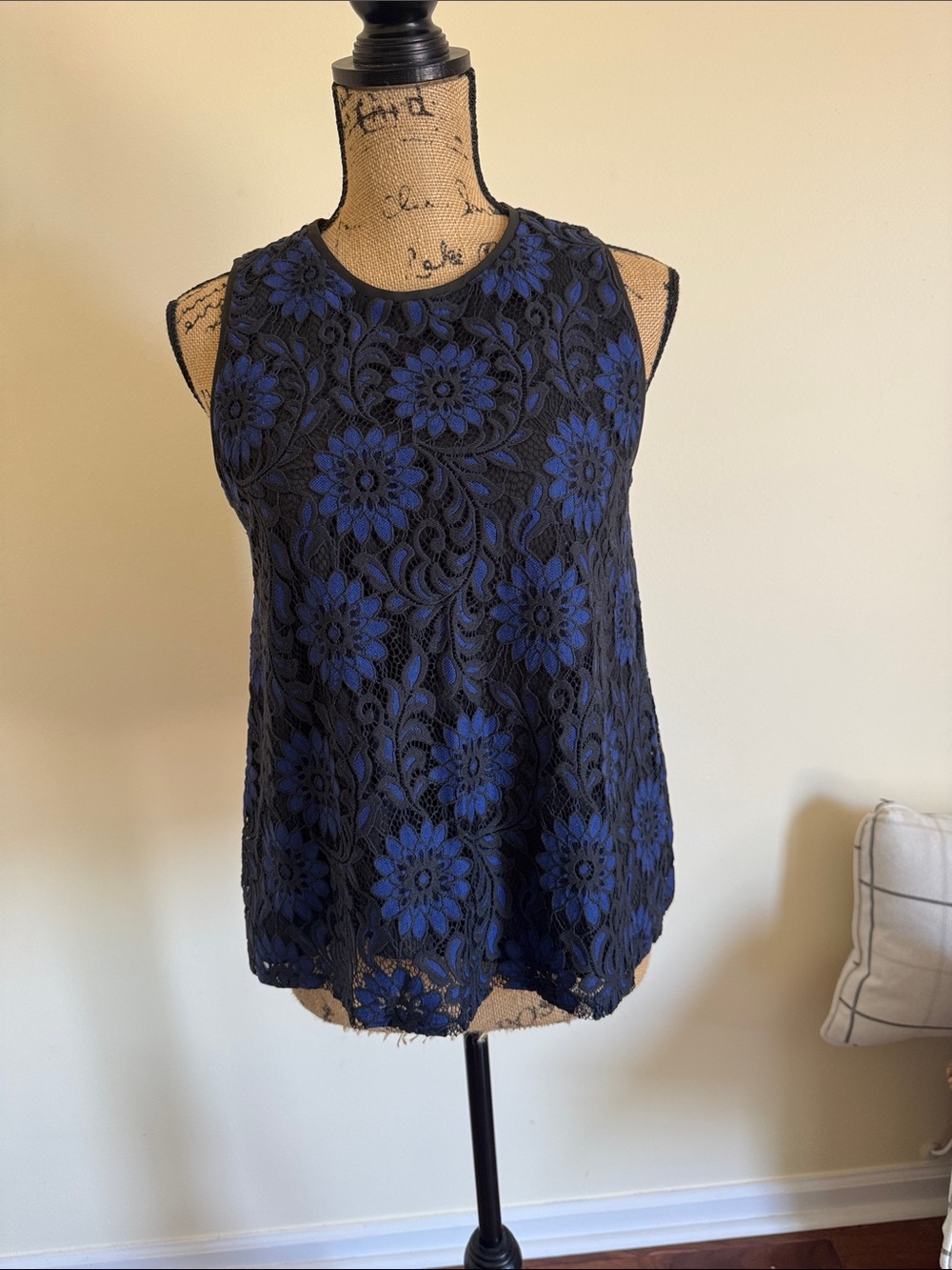 LOFT Black Lace Camisole with Royal Blue Floral Overlay